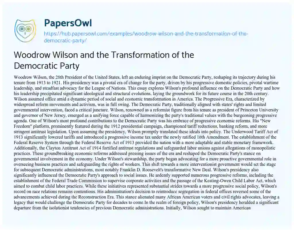 Essay on Woodrow Wilson and the Transformation of the Democratic Party