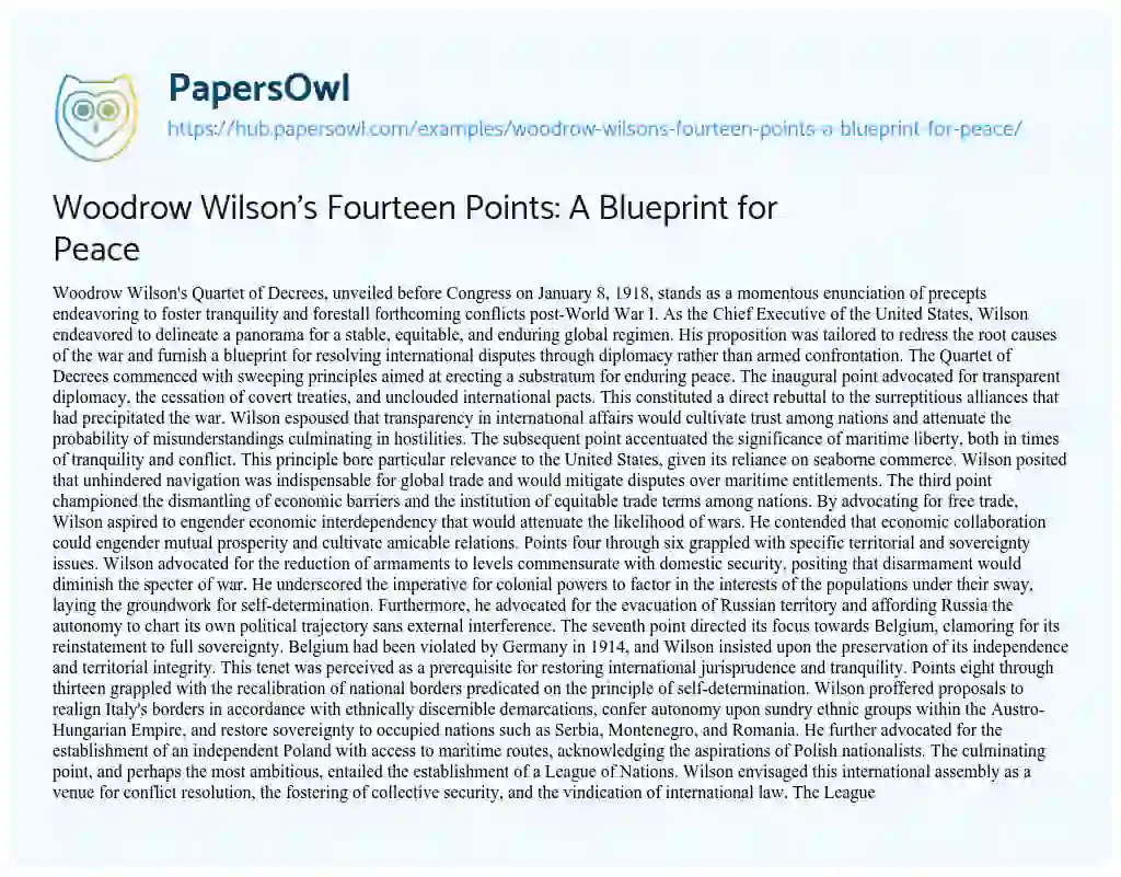 Essay on Woodrow Wilson’s Fourteen Points: A Blueprint for Peace