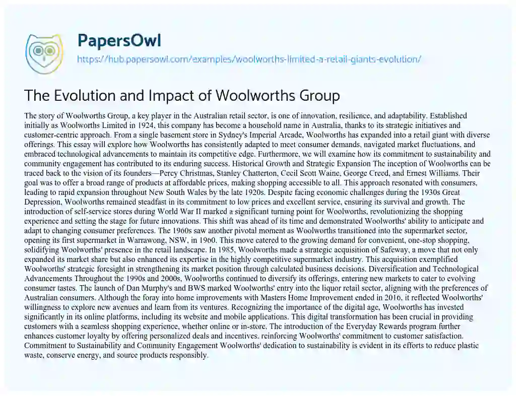 Essay on The Evolution and Impact of Woolworths Group