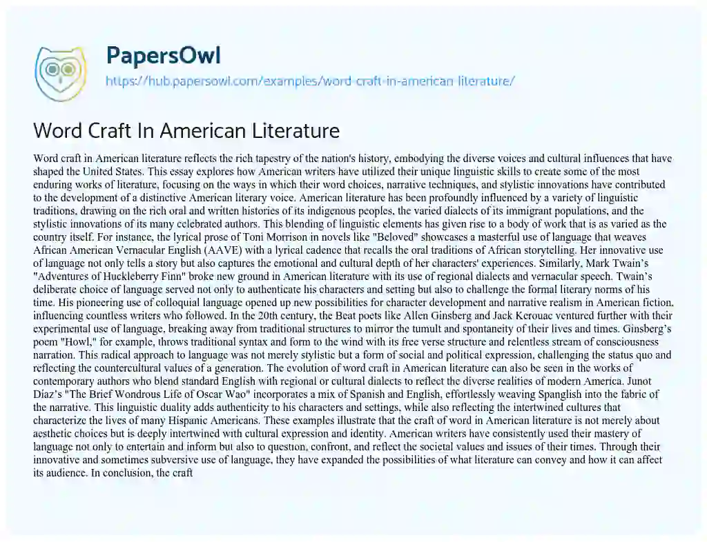 Essay on Word Craft In American Literature