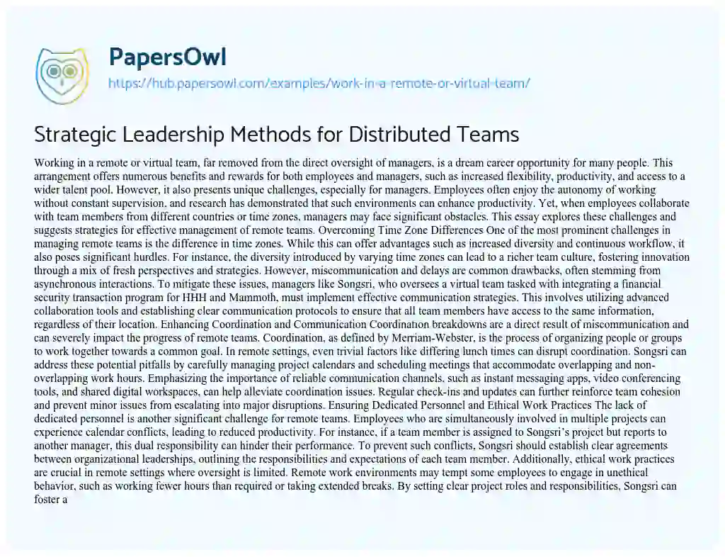 Essay on Strategic Leadership Methods for Distributed Teams