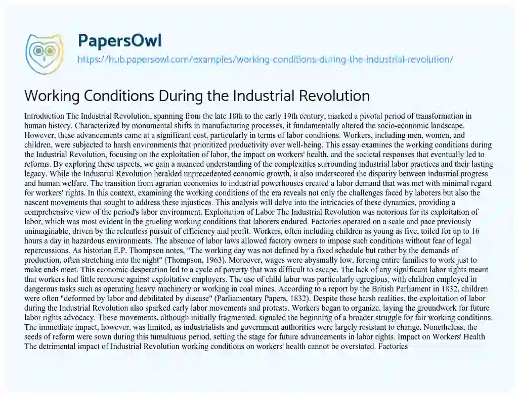 Essay on Working Conditions During the Industrial Revolution