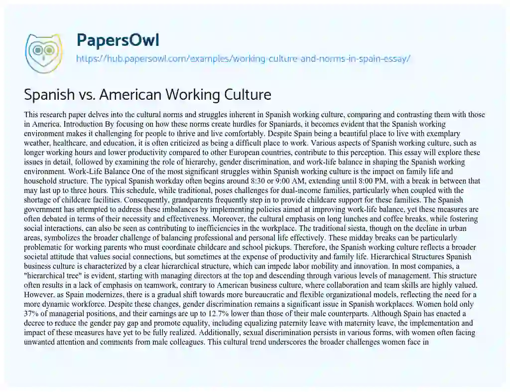 Essay on Spanish vs. American Working Culture