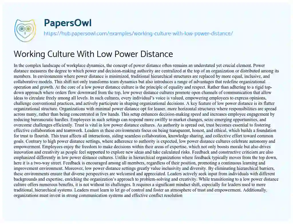 Essay on Working Culture With Low Power Distance