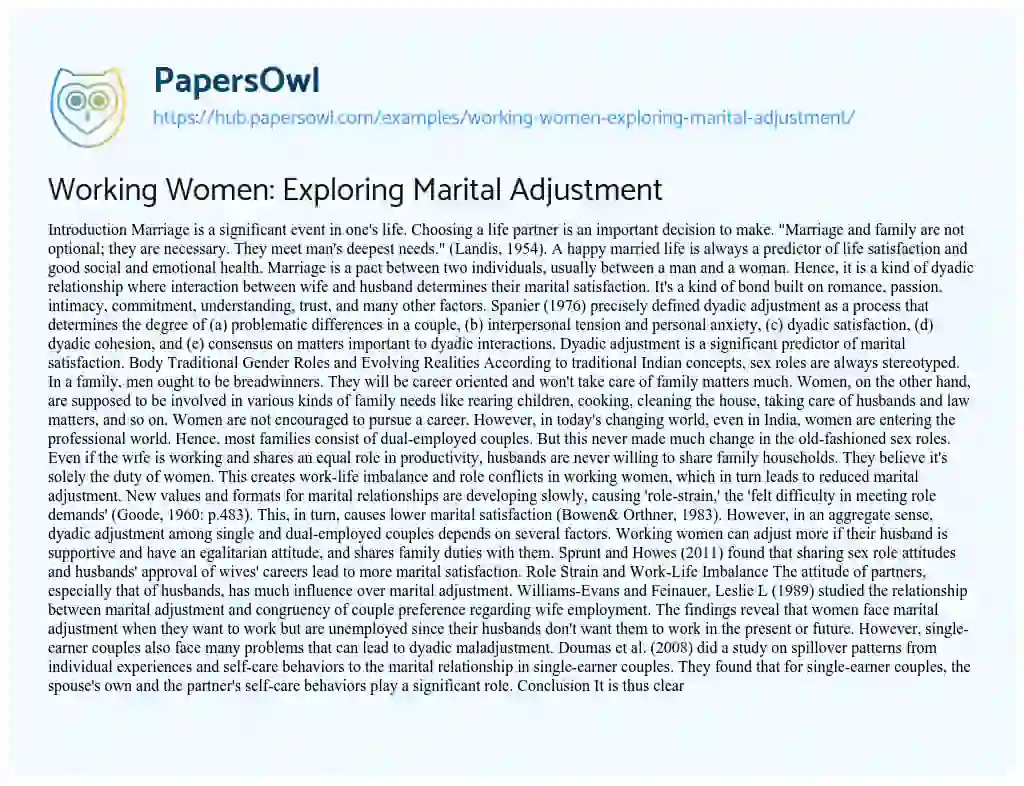Essay on Working Women: Exploring Marital Adjustment