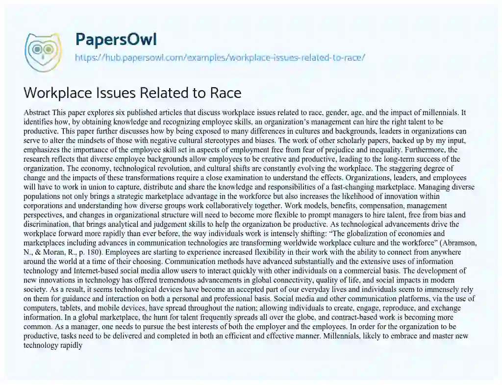 Essay on Workplace Issues Related to Race
