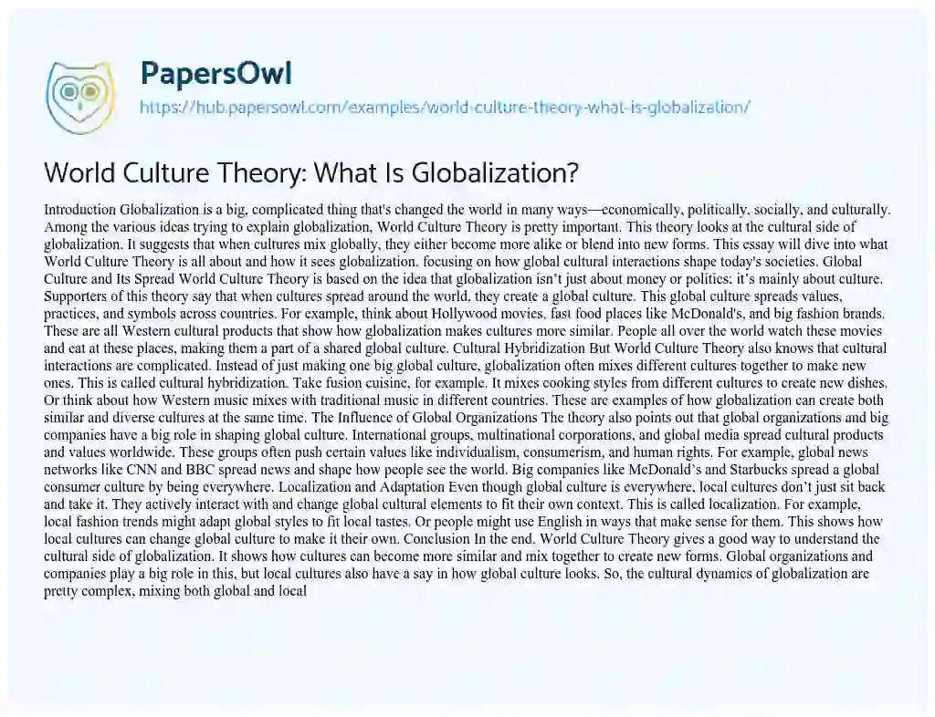 Essay on World Culture Theory: What Is Globalization?
