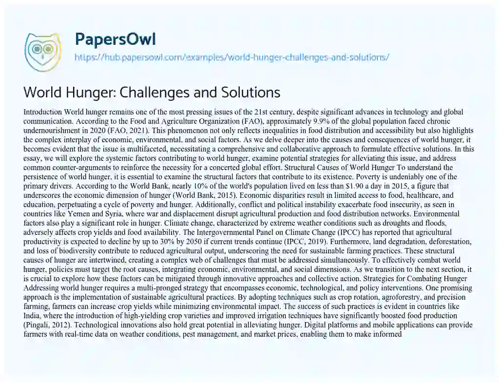 Essay on World Hunger: Challenges and Solutions