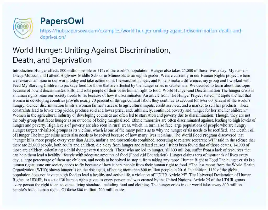 Essay on World Hunger: Uniting Against Discrimination, Death, and Deprivation