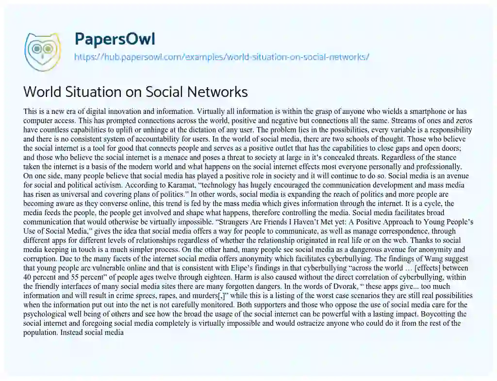 Essay on World Situation on Social Networks