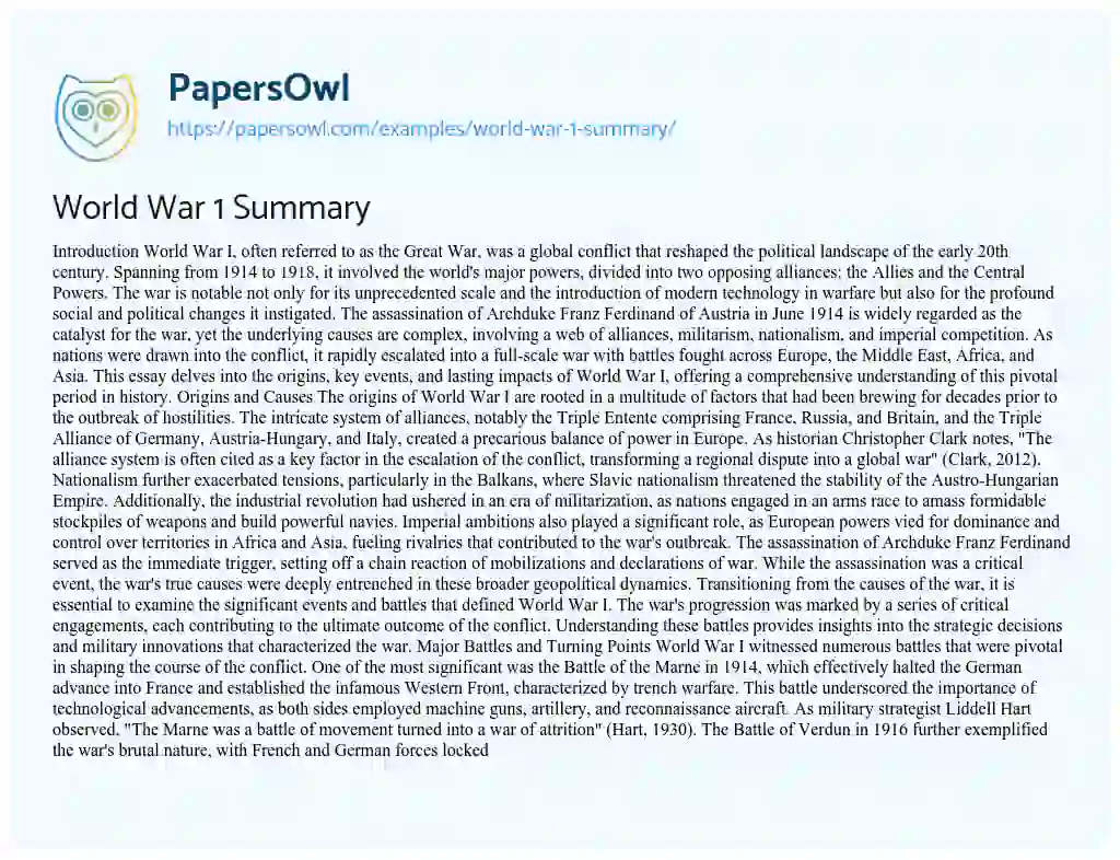 Essay on World War 1 Summary