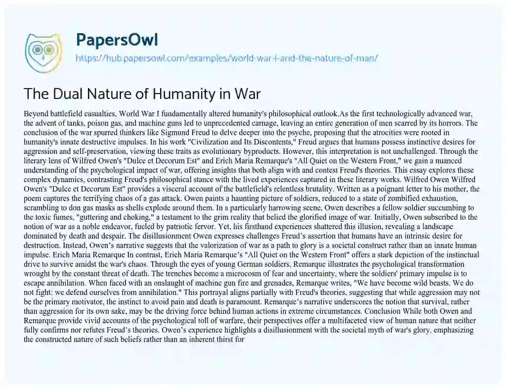 Essay on The Dual Nature of Humanity in War