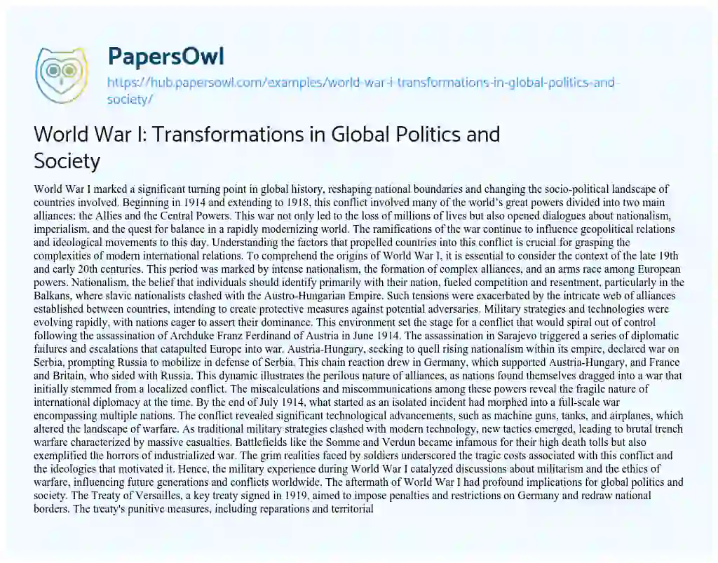 Essay on World War I: Transformations in Global Politics and Society