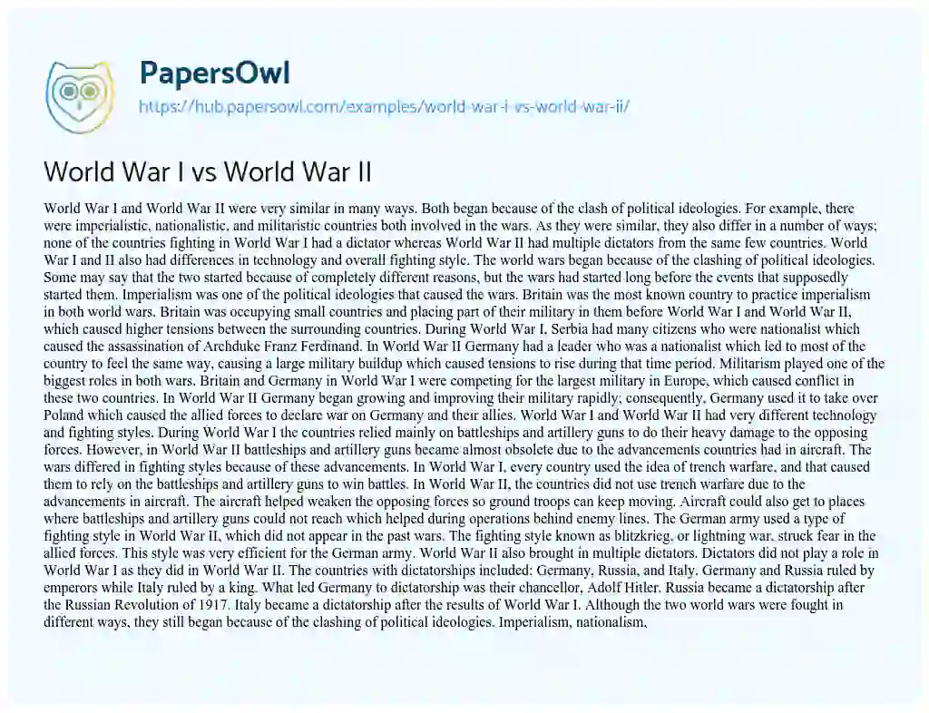Essay on World War I vs World War II