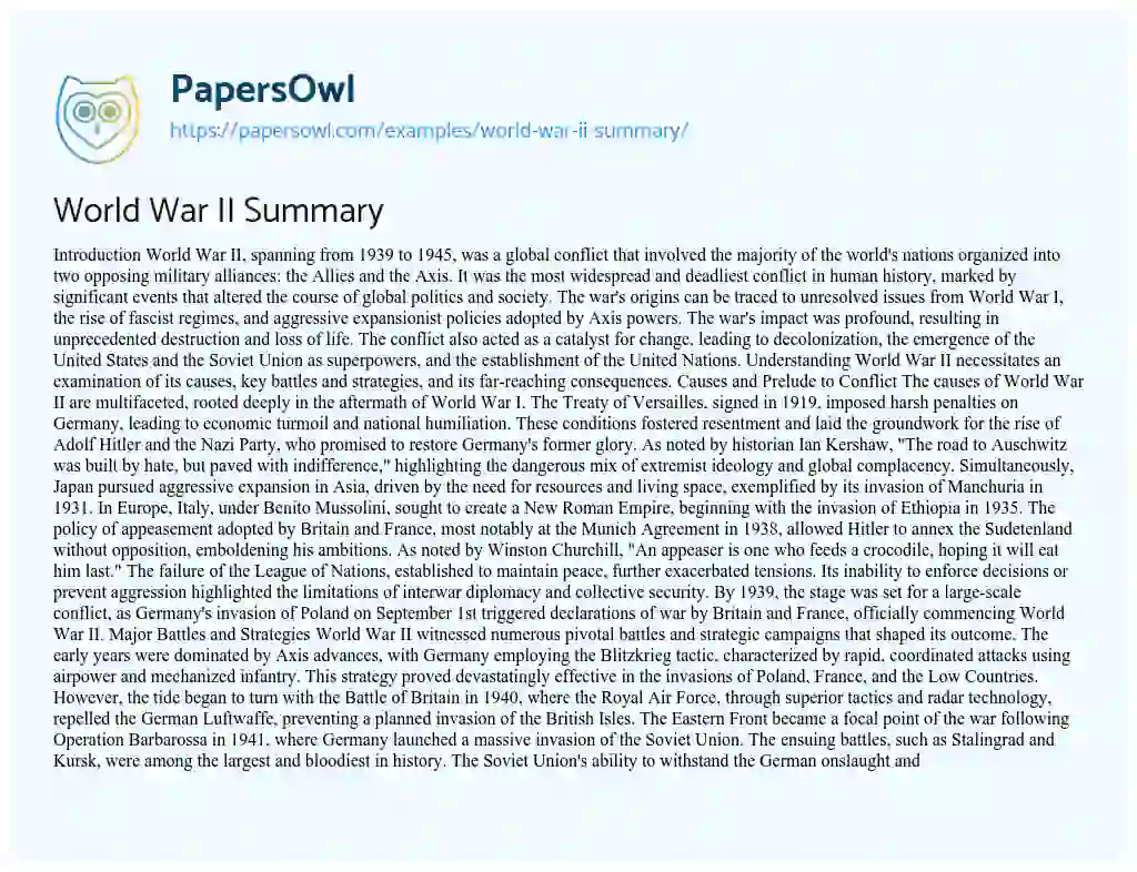 Essay on World War II Summary
