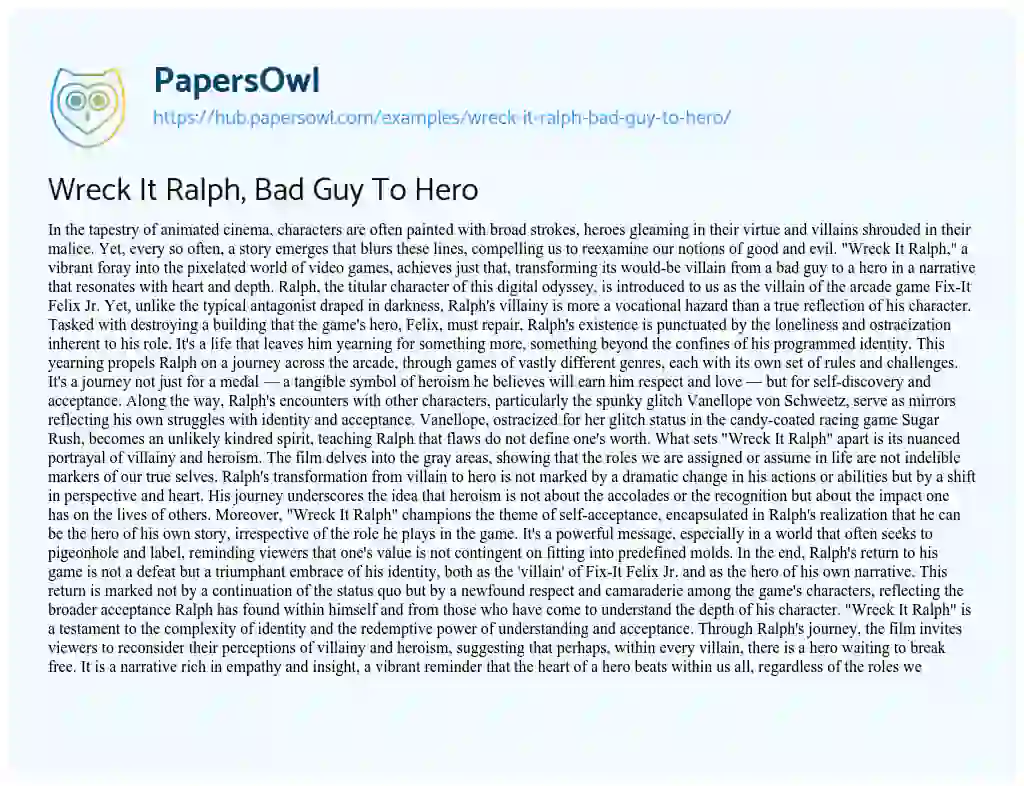 Essay on Wreck It Ralph, Bad Guy To Hero