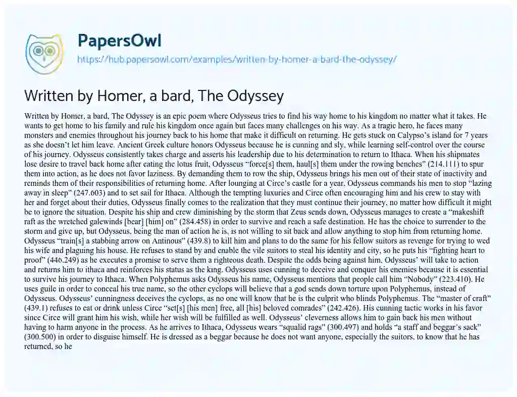 Essay on Written by Homer, a bard, The Odyssey