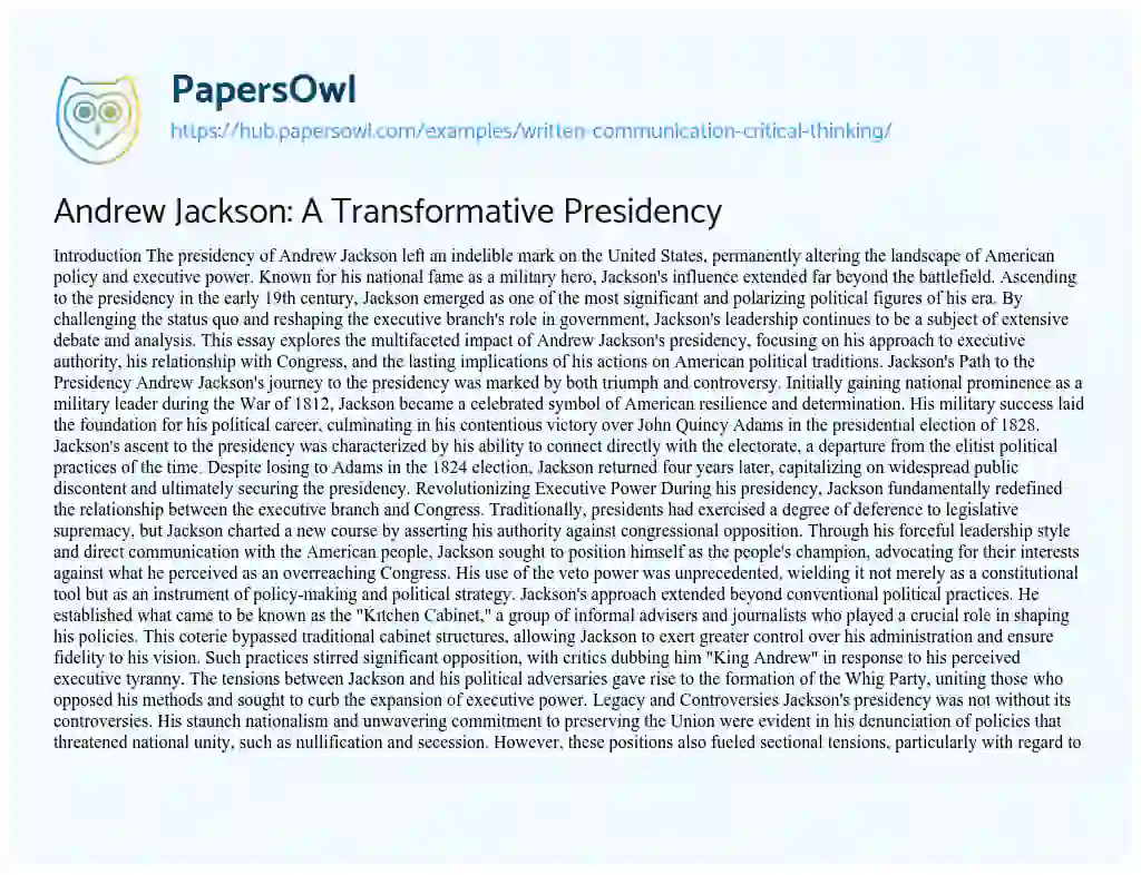 Essay on Andrew Jackson: A Transformative Presidency