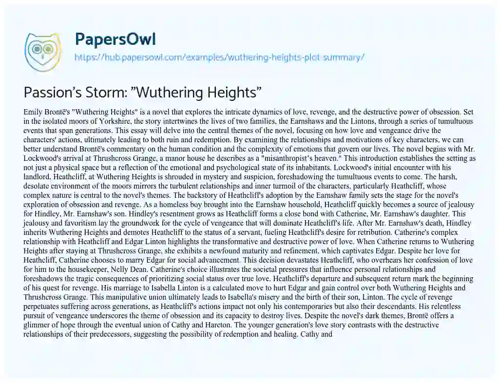 Essay on Passion’s Storm: “Wuthering Heights”