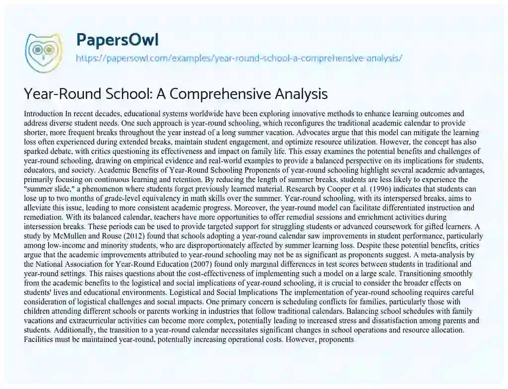 Essay on Year-Round School: A Comprehensive Analysis