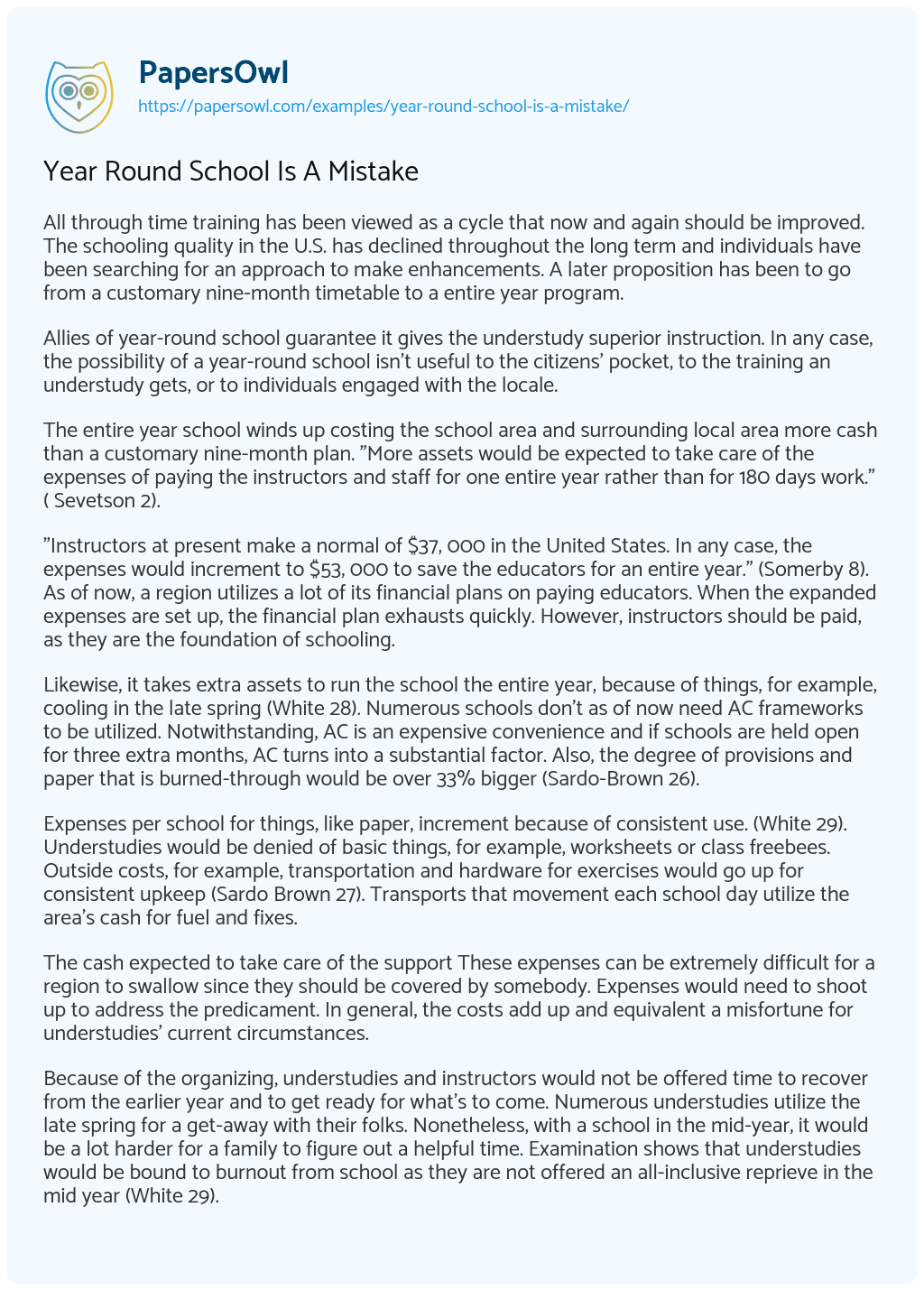 Essay on Year Round School Is A Mistake