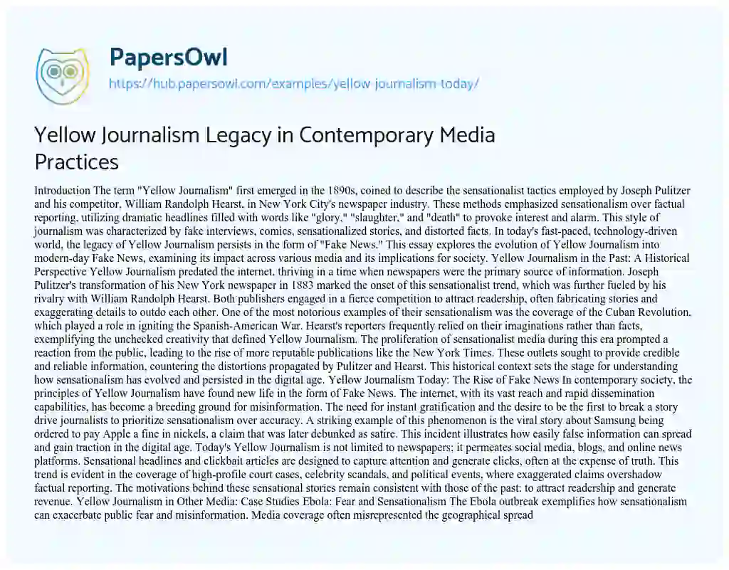 Essay on Yellow Journalism Legacy in Contemporary Media Practices