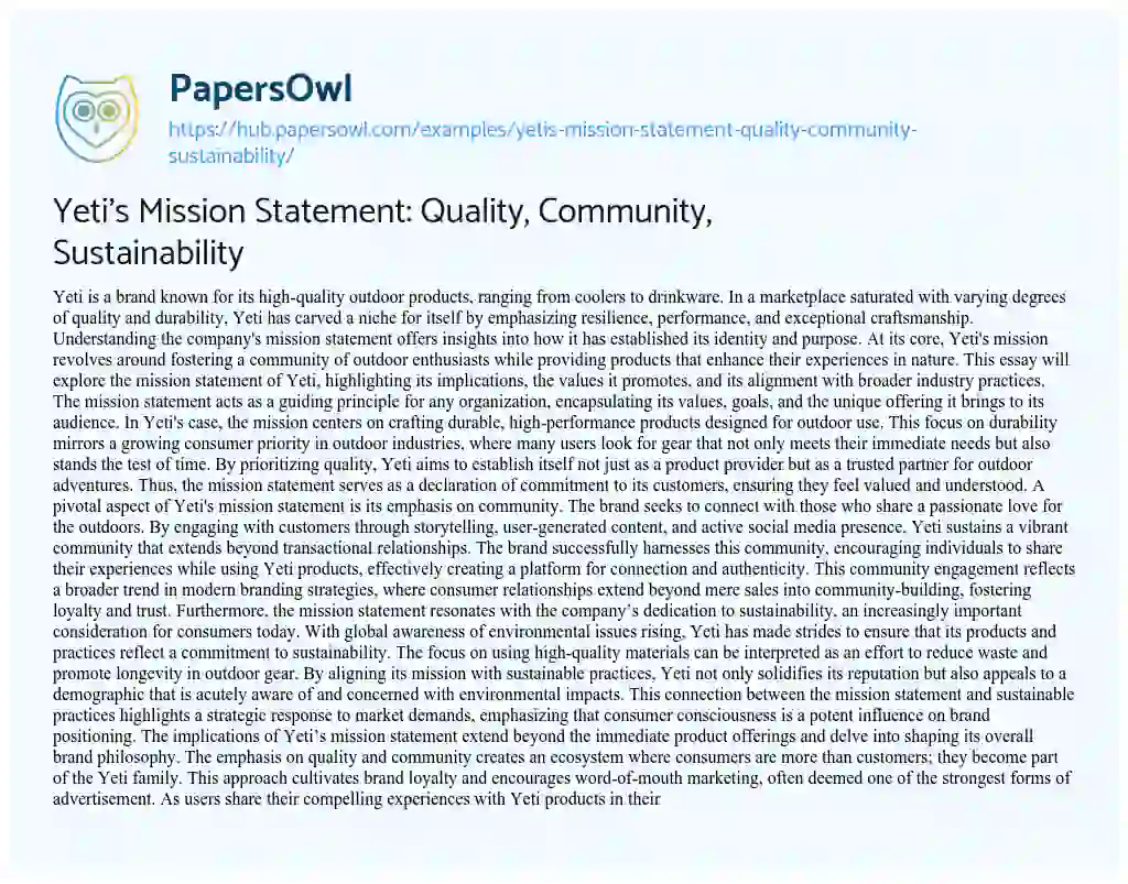 Essay on Yeti’s Mission Statement: Quality, Community, Sustainability