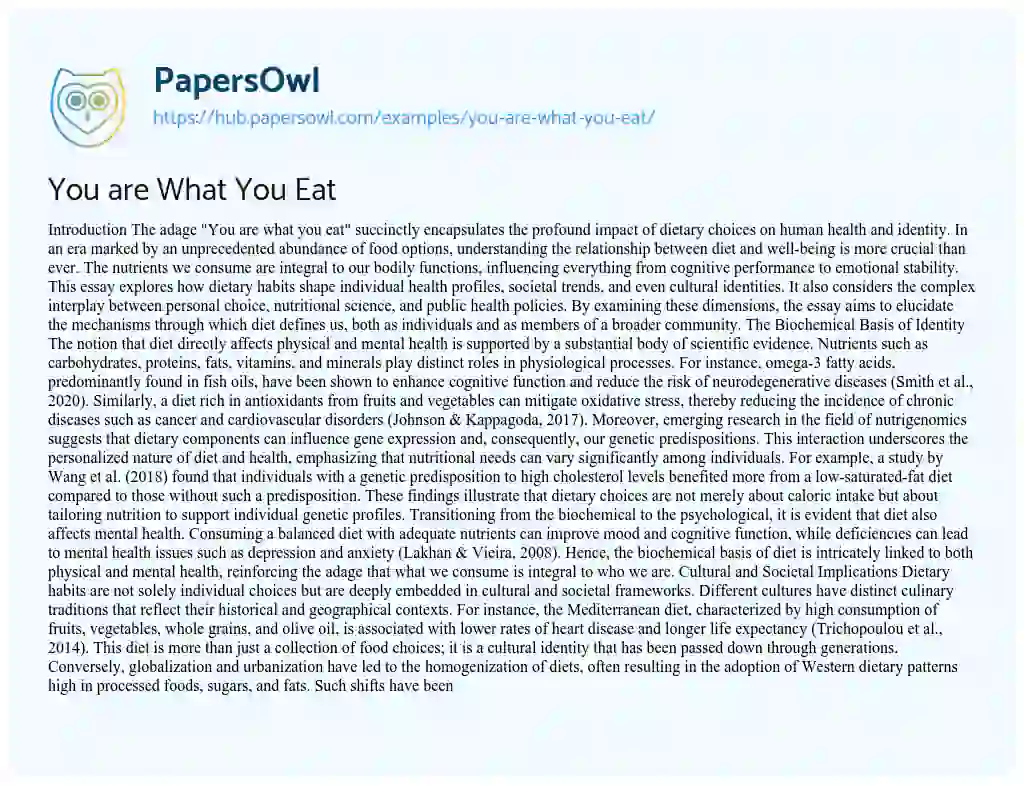 Essay on You are What You Eat