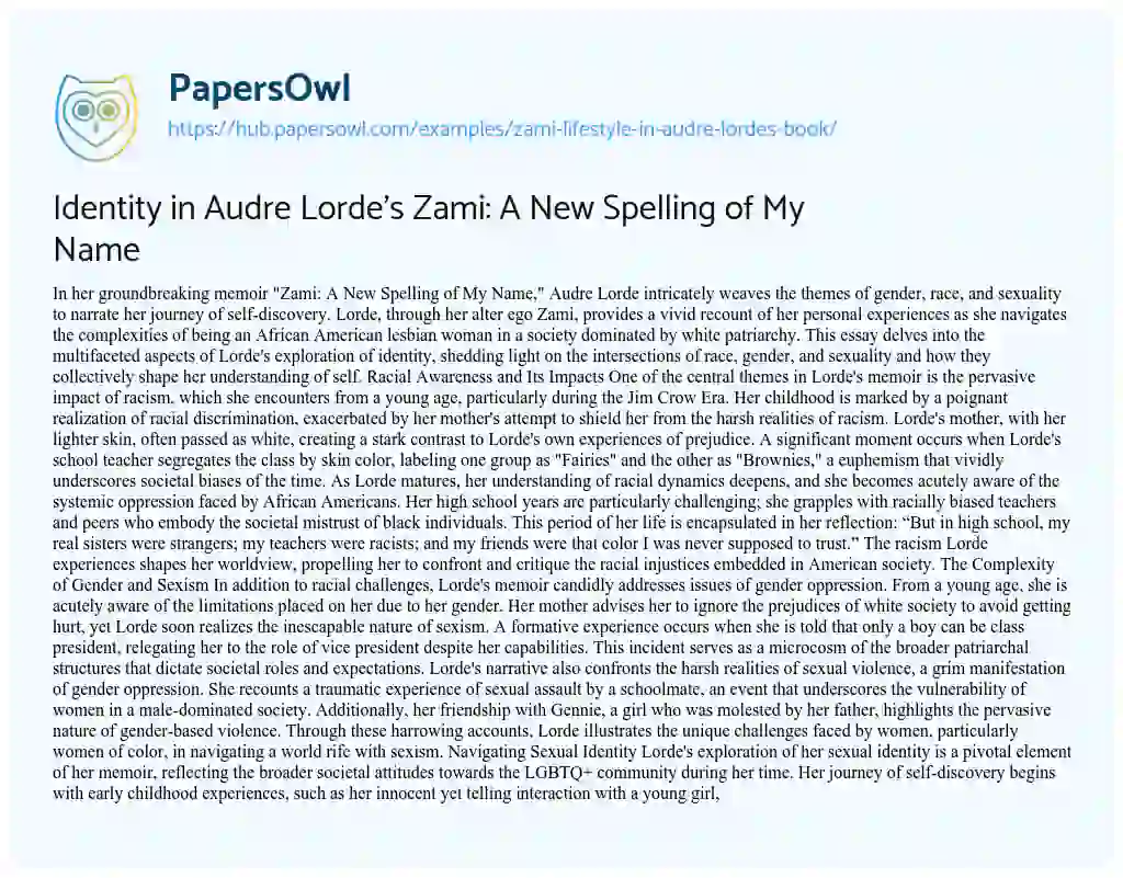 Essay on Identity in Audre Lorde’s Zami: A New Spelling of My Name