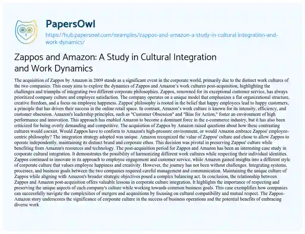 Essay on Zappos and Amazon: A Study in Cultural Integration and Work Dynamics