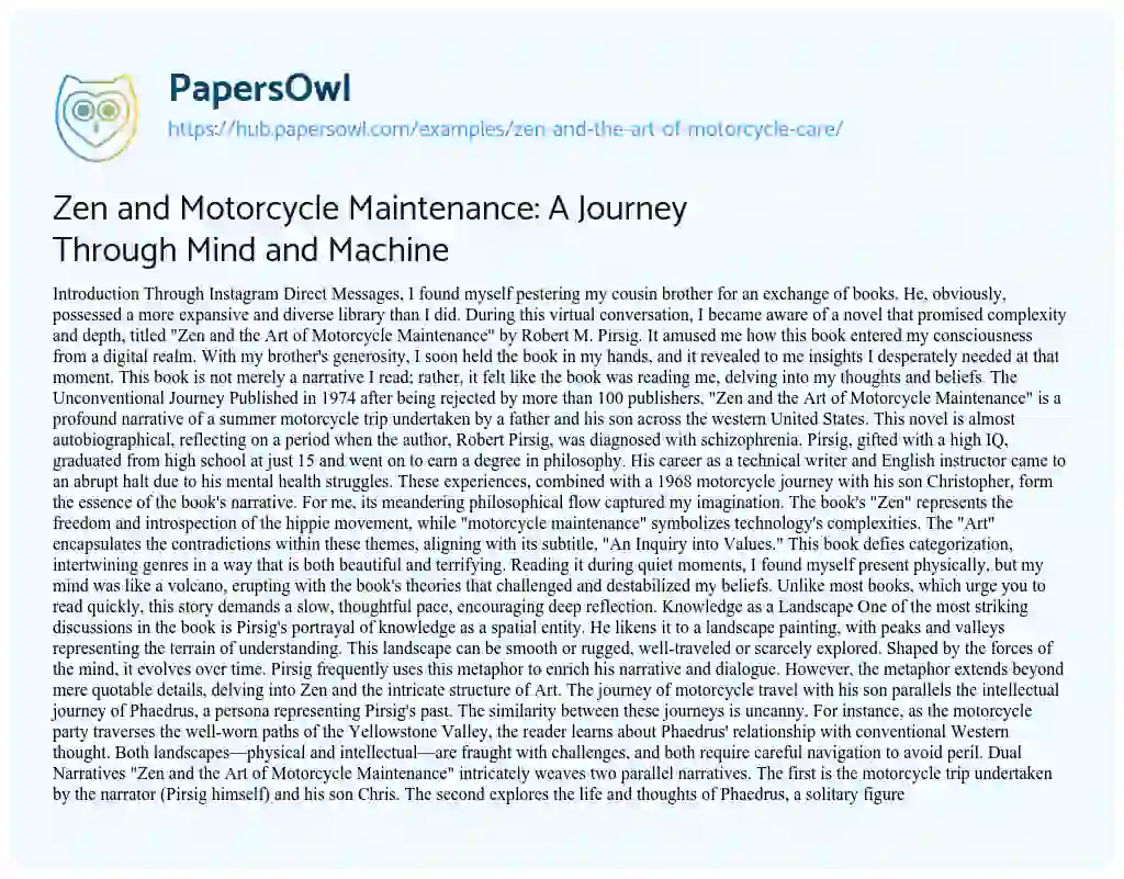 Essay on Zen and Motorcycle Maintenance: A Journey Through Mind and Machine