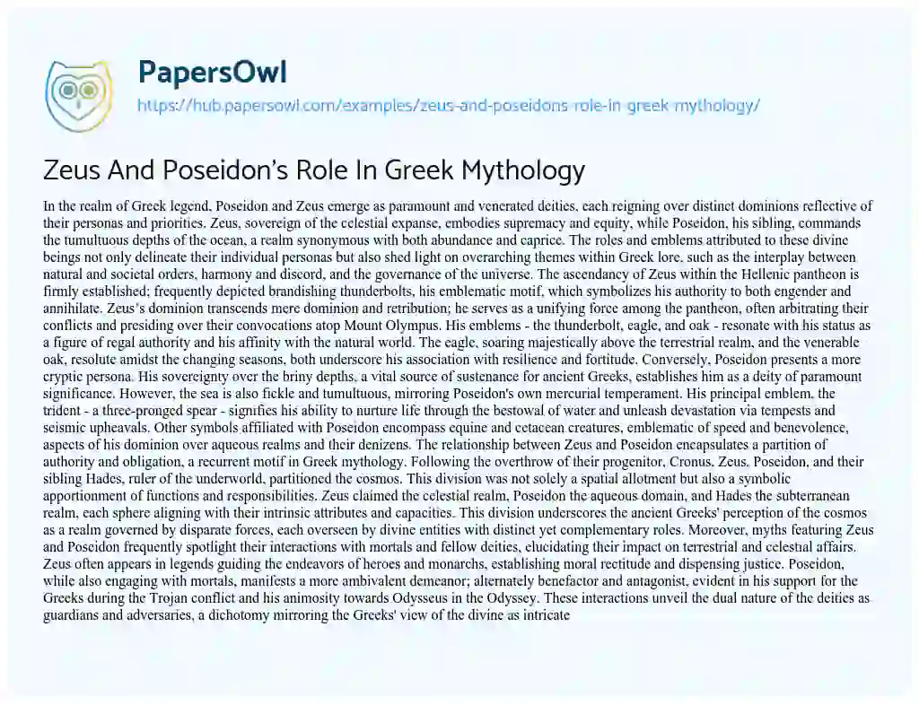 Essay on Zeus And Poseidon’s Role In Greek Mythology