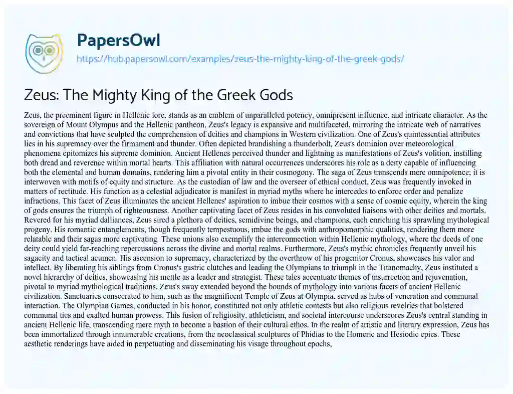 Essay on Zeus: The Mighty King of the Greek Gods