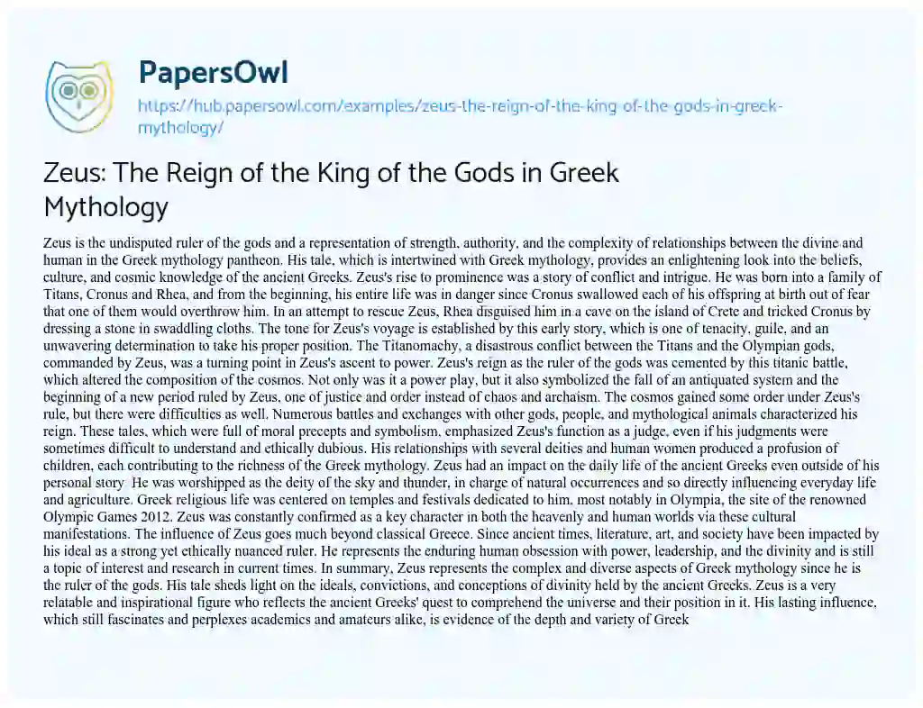 Essay on Zeus: The Reign of the King of the Gods in Greek Mythology