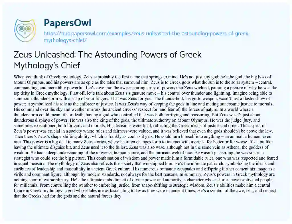 Essay on Zeus Unleashed: The Astounding Powers of Greek Mythology’s Chief