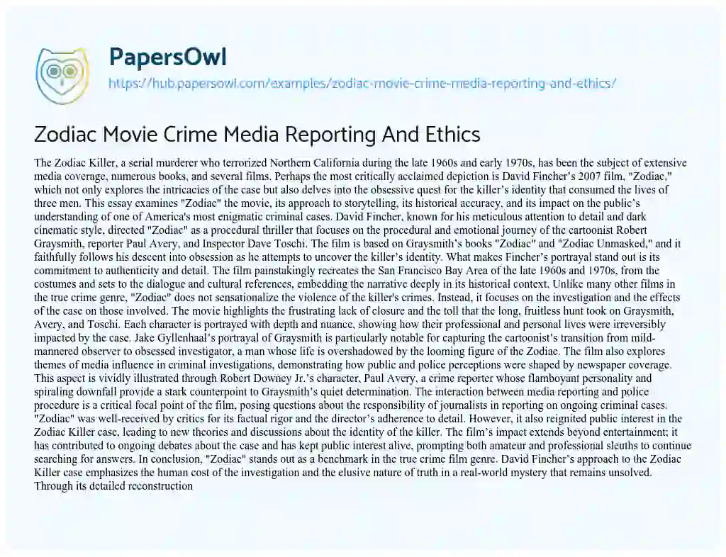 Essay on Zodiac Movie Crime Media Reporting And Ethics
