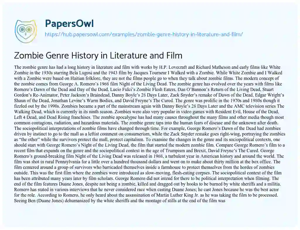 Essay on Zombie Genre History in Literature and Film