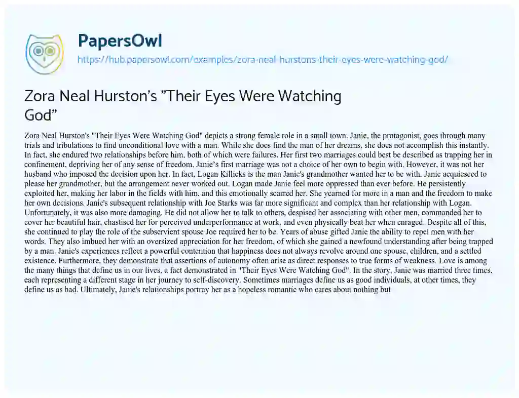 Essay on Zora Neal Hurston’s “Their Eyes Were Watching God”