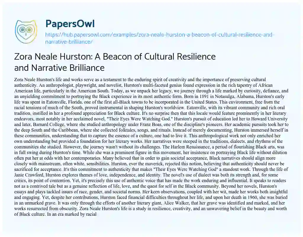 Essay on Zora Neale Hurston: A Beacon of Cultural Resilience and Narrative Brilliance