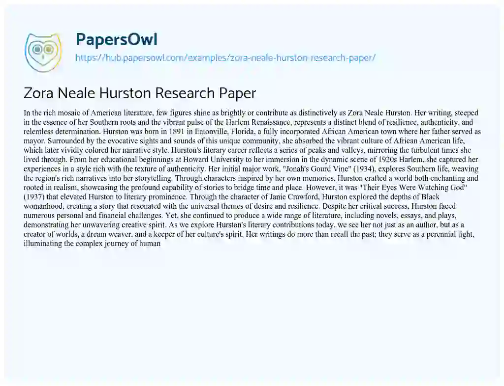 Essay on Zora Neale Hurston Research Paper
