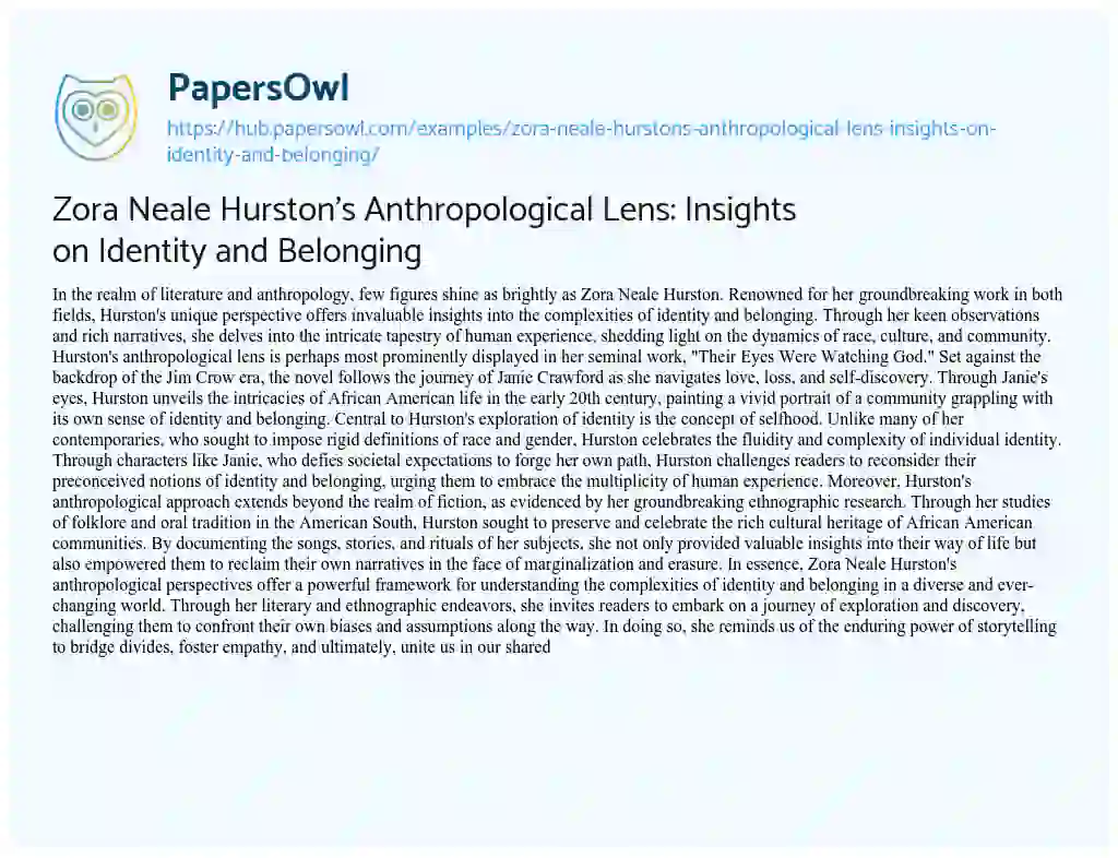 Essay on Zora Neale Hurston’s Anthropological Lens: Insights on Identity and Belonging