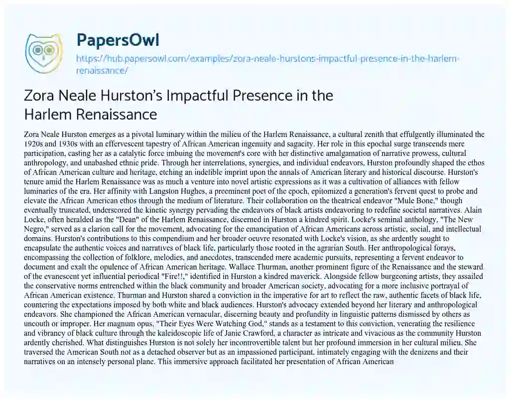 Essay on Zora Neale Hurston’s Impactful Presence in the Harlem Renaissance
