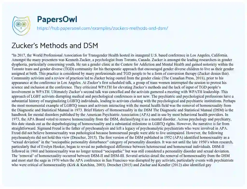 Essay on Zucker’s Methods and DSM
