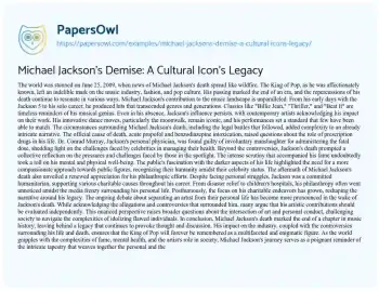 Michael Jackson's Demise: A Cultural Icon's Legacy - Free Essay Example